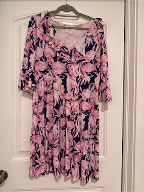 Lilly Pulitzer Navy and Pink Floral Ruffle-Trim Midi Dress